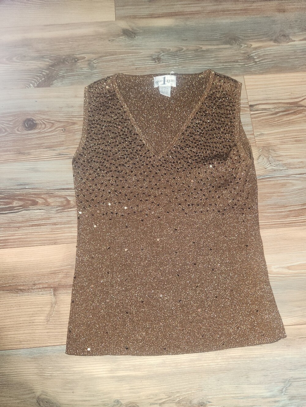 Once Again Brown Metallic Knit V-Neck Sleeveless Top Size XL
